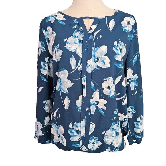 Stitch Fix Tops - 41 Hawthorn Stitch Fix Top Deep Teal Blue Floral Blouse Popover Pleat Front LRG